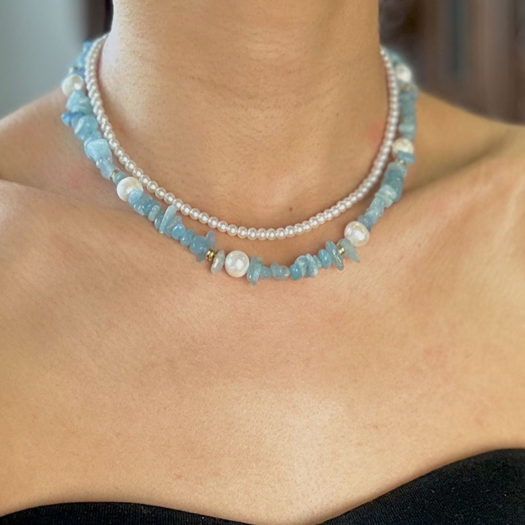 Natural Aquamarine and Freshwater Pearl Necklace | Oceanic Elegance | Adjustable Extension Chain | Resort | Summer