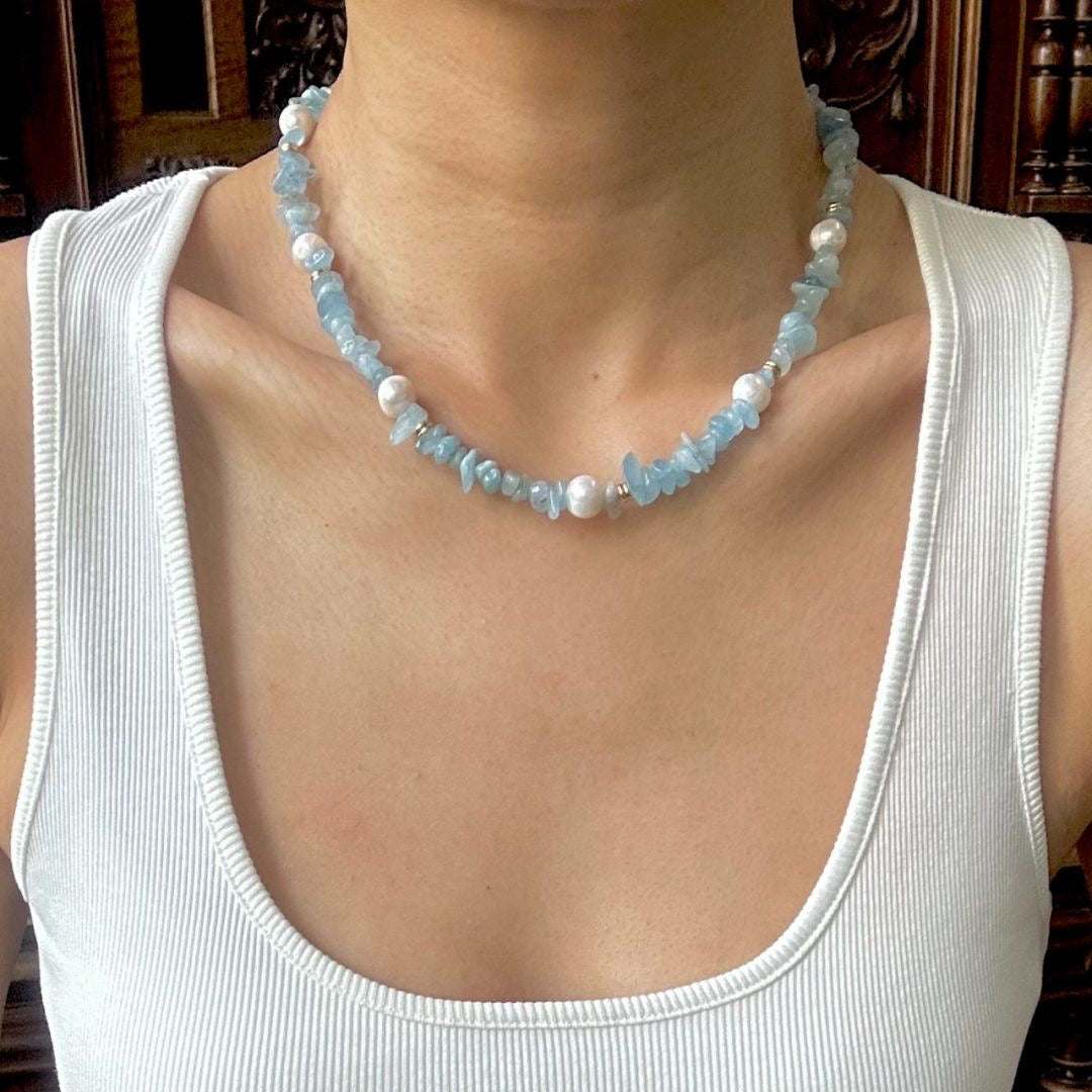 Natural Aquamarine and Freshwater Pearl Necklace | Oceanic Elegance | Adjustable Extension Chain | Resort | Summer
