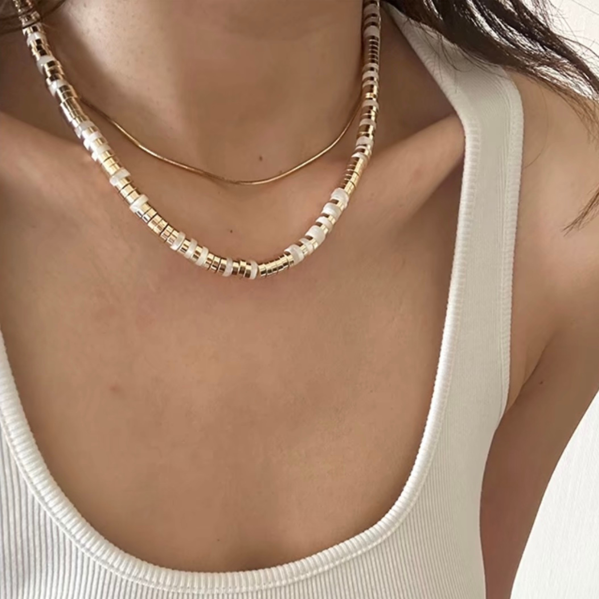 Vintage Charm Necklace – Natural Shell & Metal Disc Beads