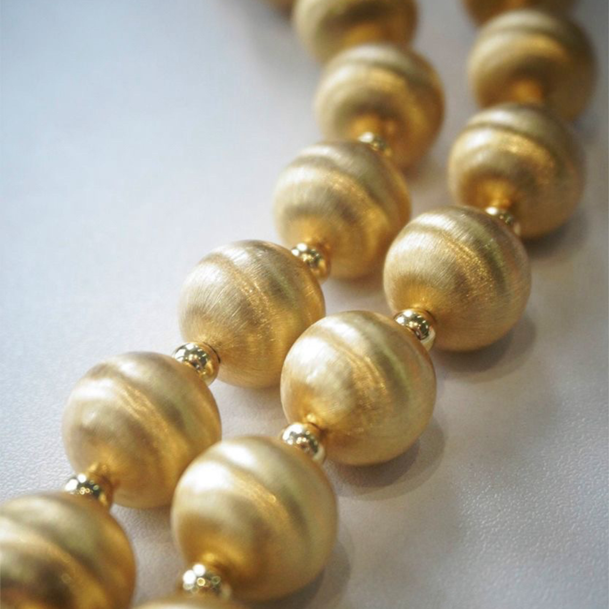 60s Inspired Italian Brushed Yellow or White Gold Beaded Necklace and Earring Set