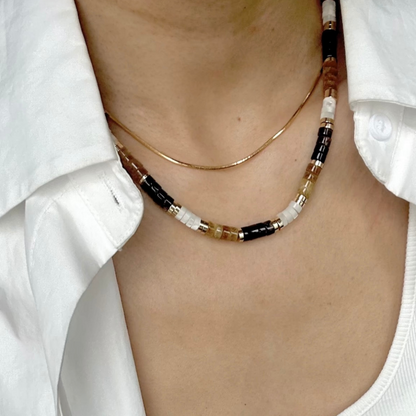 Natural Tourmaline and Metal Disc Beaded Necklace |Stackable | Adjustable Extension Chain