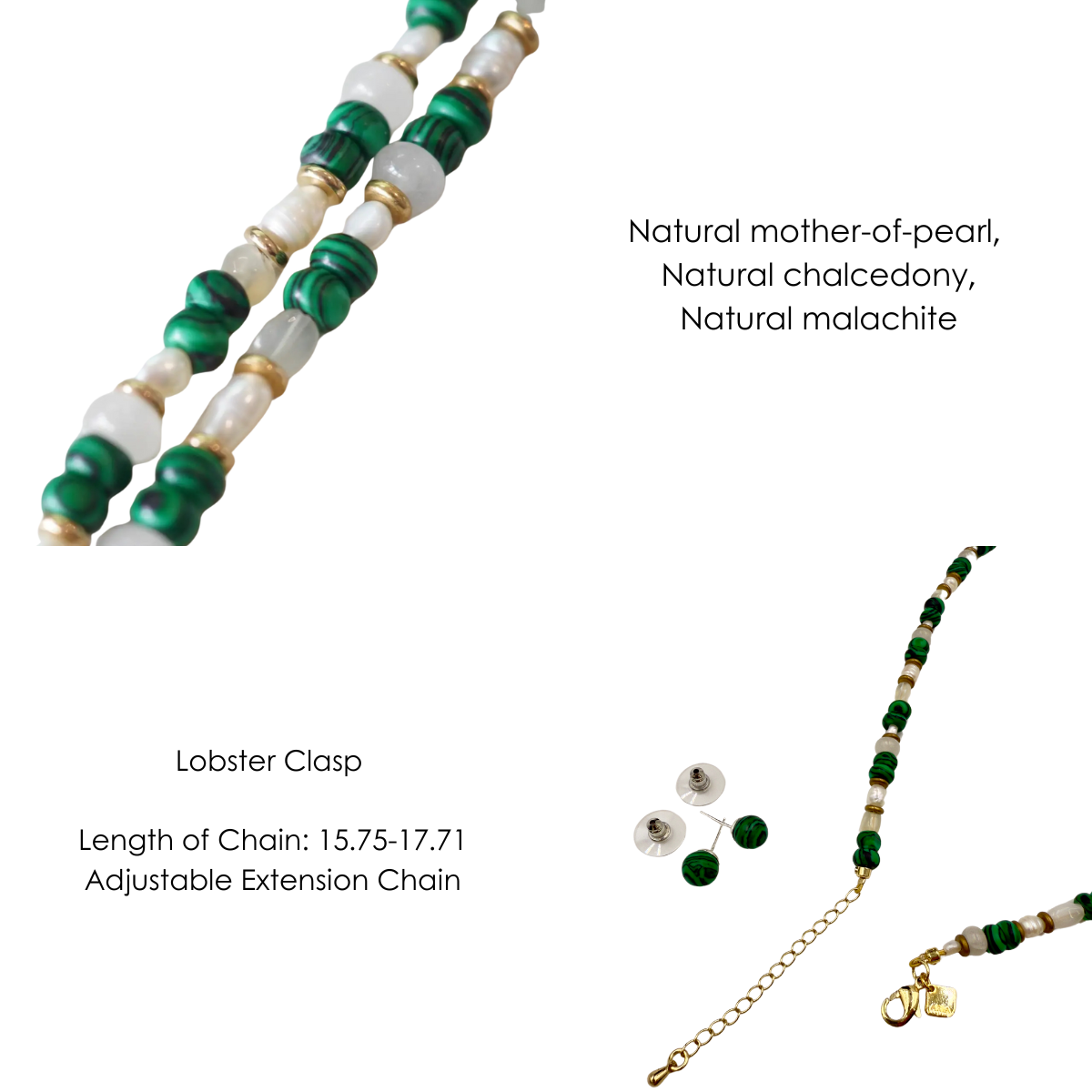 Natural pearl, chalcedony, malachite Necklace + Earring Set | Adjustable Extension Chain