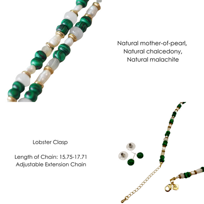 Natural pearl, chalcedony, malachite Necklace + Earring Set | Adjustable Extension Chain