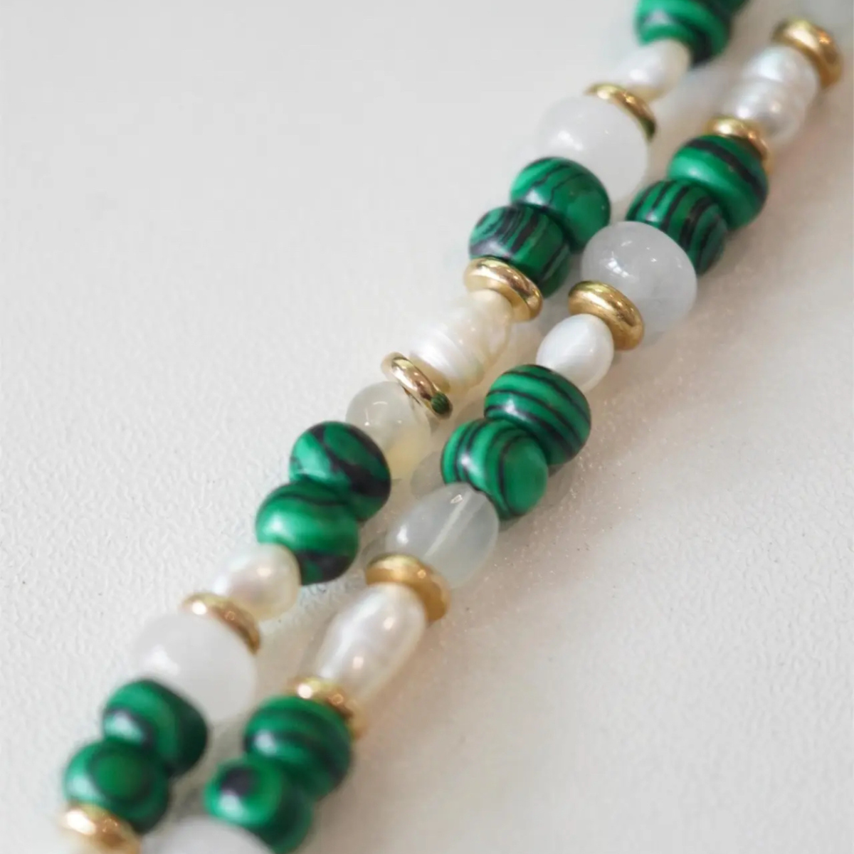 Natural pearl, chalcedony, malachite Necklace + Earring Set | Adjustable Extension Chain