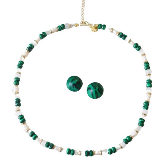 Natural pearl, chalcedony, malachite Necklace + Earring Set | Adjustable Extension Chain