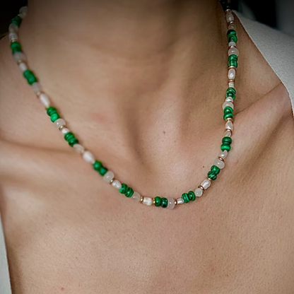 Natural pearl, chalcedony, malachite Necklace + Earring Set | Adjustable Extension Chain