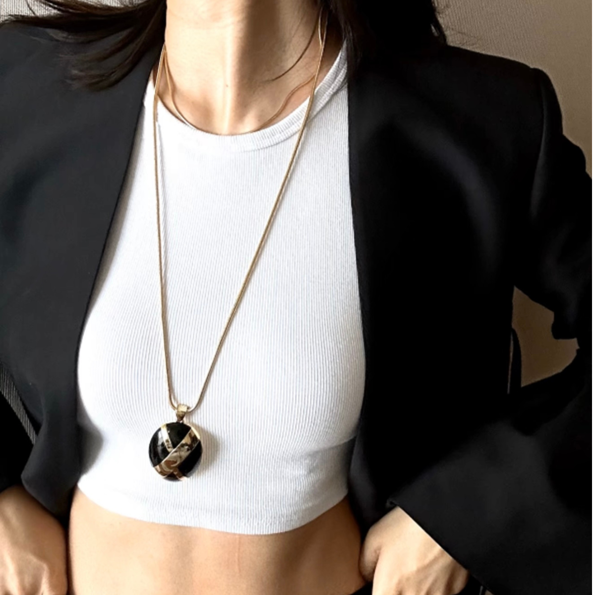Vintage-inspired Statement Artisan Hand-Painted Black or White Enamel Oval Pendant Necklace |Stackable |Timeless Classic Revival