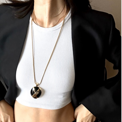 Vintage-inspired Statement Artisan Hand-Painted Black or White Enamel Oval Pendant Necklace |Stackable |Timeless Classic Revival