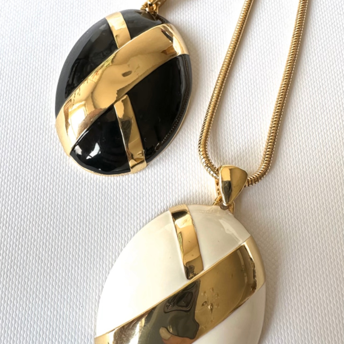 Vintage-inspired Statement Artisan Hand-Painted Black or White Enamel Oval Pendant Necklace |Stackable |Timeless Classic Revival