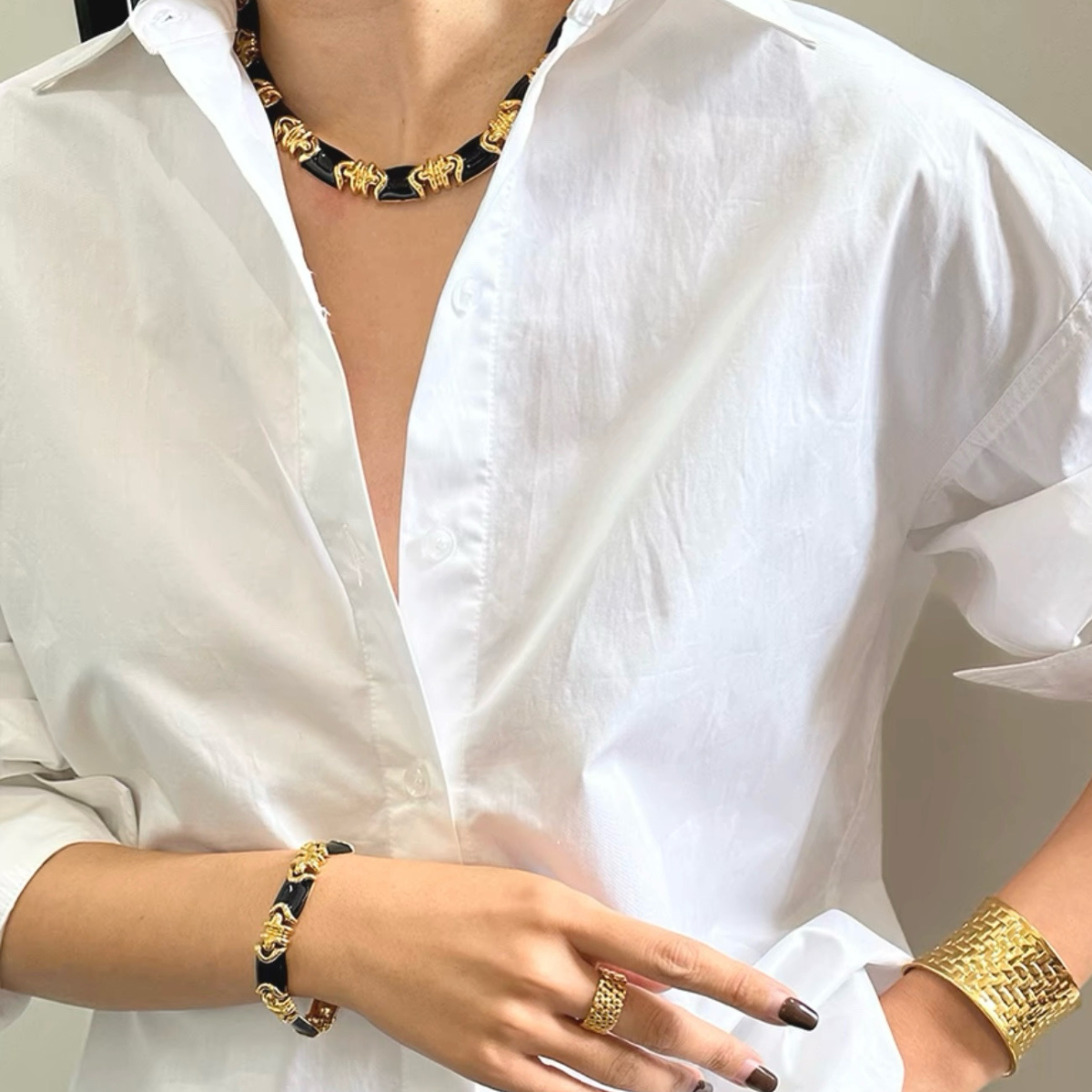 Vintage-inspired Statement White Artisan Hand-Painted Enamel Bracelet |Stackable |Timeless Classic Revival