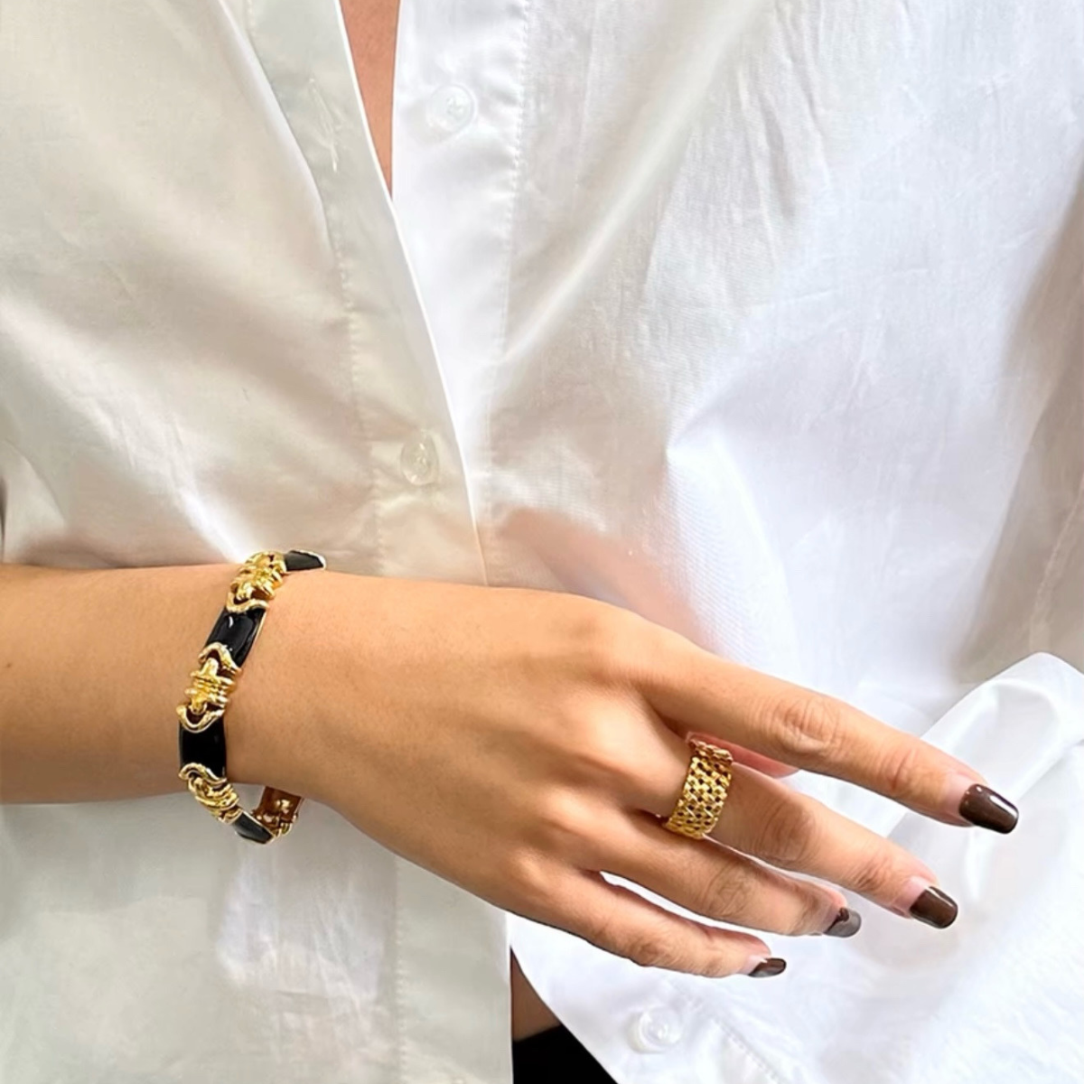 Vintage-inspired Statement White Artisan Hand-Painted Enamel Bracelet |Stackable |Timeless Classic Revival