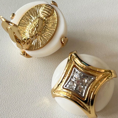 Vintage-inspired Statement Rhinestone encrusted white or black enamel with gold star earring |Stackable |Timeless Classic Revival