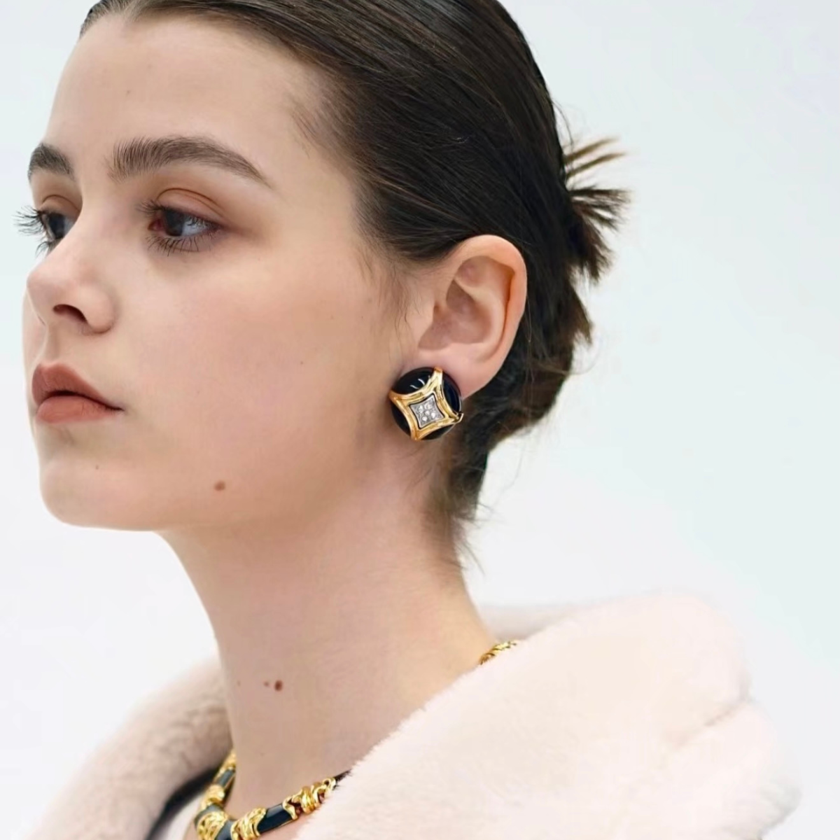 Vintage-inspired Statement Rhinestone encrusted white or black enamel with gold star earring |Stackable |Timeless Classic Revival