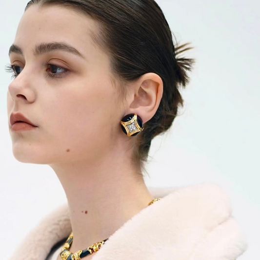 Vintage-inspired Statement Rhinestone encrusted white or black enamel with gold star earring |Stackable |Timeless Classic Revival